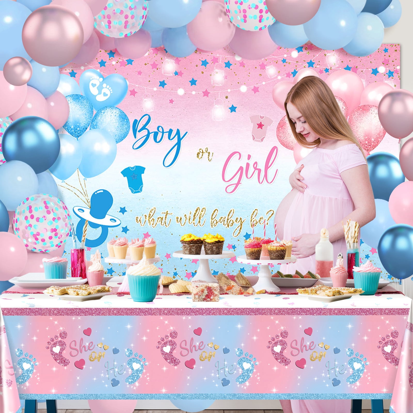 Mocsicka Gender Reveal Decorations Kit 251 PCS Boy or Girl Banner Disposable Plates Napkins Balloons Tablecloth Pink Blue Gender Reveal Party Supplies Set
