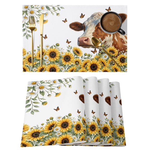 Placemats Set of 12 Yellow Sunflower Farmhouse Daisy Butterfly Heat Insulation Washable Place Mats, Non-Slip Table Mats for Dining Table Party Kitchen Decor, 13x19 Inch