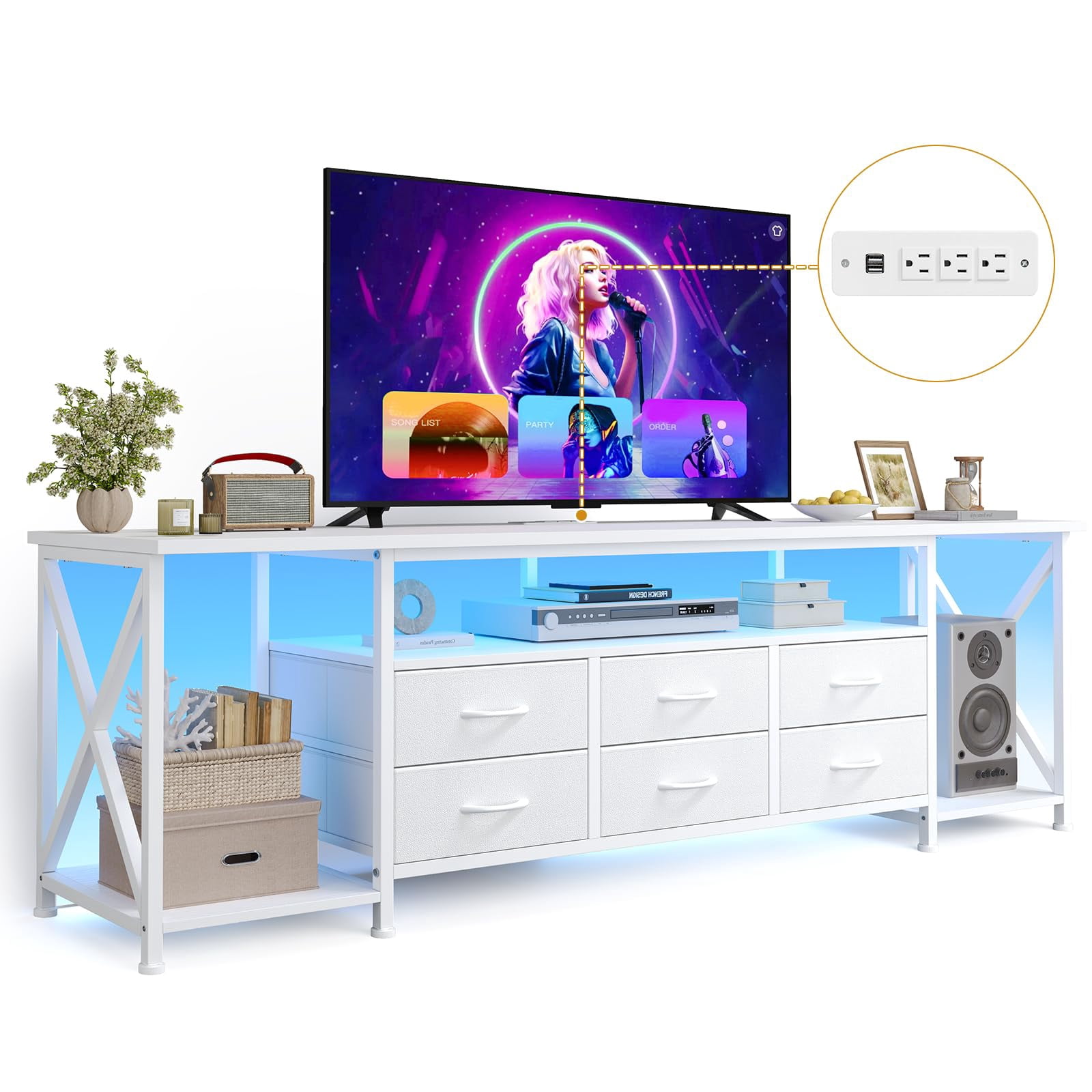 Morden TV Stand with LED Lights for TVs up to 80 Inches, 6 Drawers Entertainment Center with Open Storage Shelves & Power Outlets, 63" TV Media Console Table for Living Room Bedroom,White