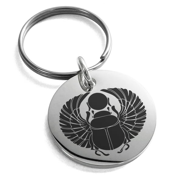 Stainless Steel Scarab Beetle Rising Sun Engraved Small Medallion Circle Charm Keychain Keyring