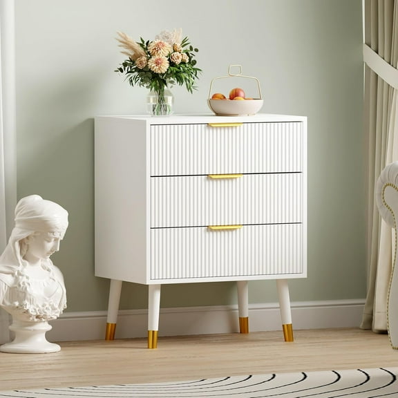 Juiluna Fluted 3 Drawer Dresser, Large Modern Nightstand Cabinet with Gold Metal Handles, End Table Wood Chest of Drawers for Bedroom,Living Room,Hallway,Entryway - White