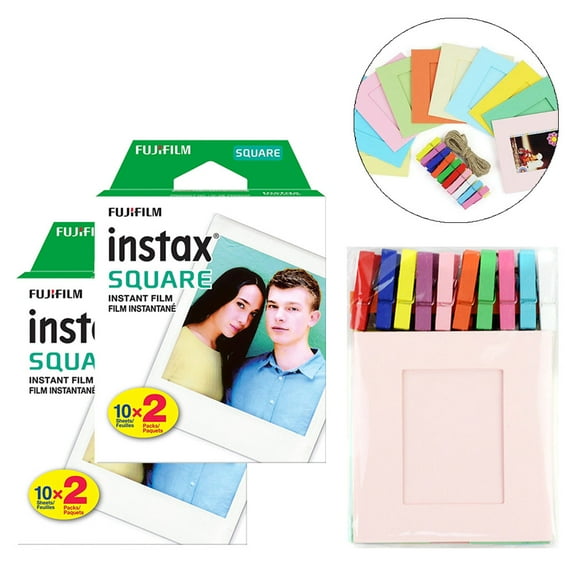 2X Fujifilm instax Square Instant Film (40 Exposures)   Hanging Photo Frames for Square Film Assorted Colors – Deluxe Accessory Bundle