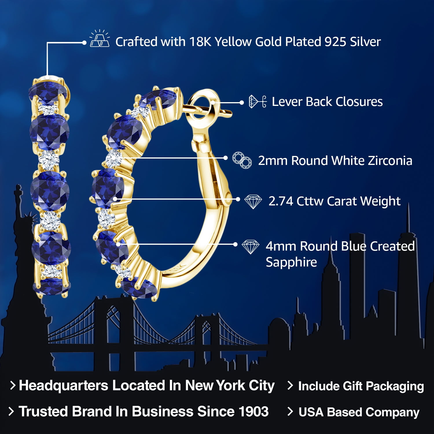 Gem Stone King 18K Yellow Gold Plated Silver Blue Created Sapphire and White Zirconia Hoop Earrings for Women (2.74 Cttw, Round 4MM and 1.9MM, Gemstone Birthstone 1 inch Diameter)