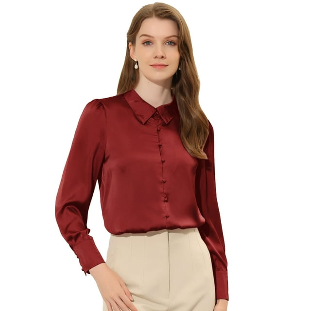 INSPIRE CHIC Chemisier en Satin pour Femmes Col de Travail Manches Longues Bouffantes Boutonné Rouge Profond TG
