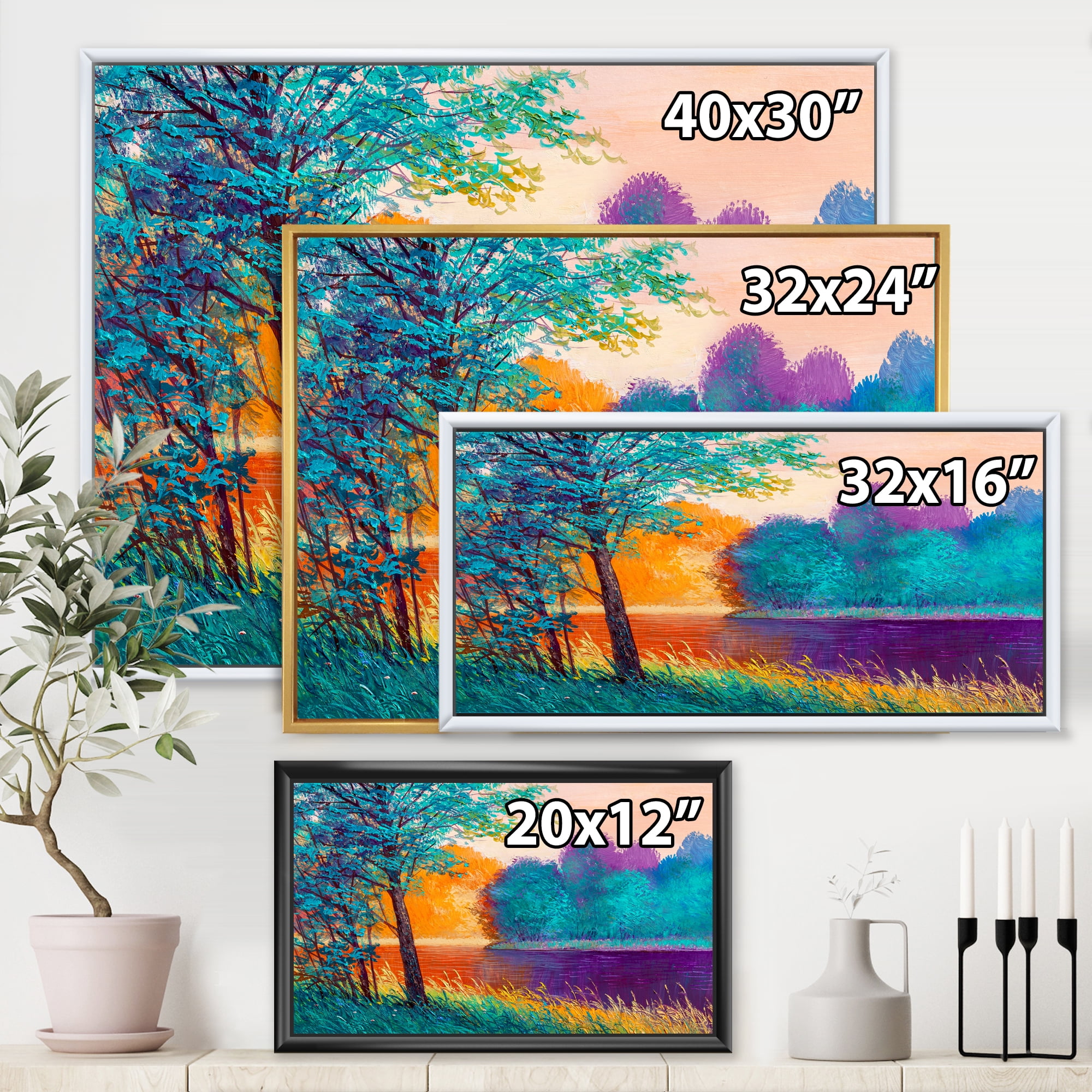 Designart 'Colorful Trees During Twilight Along River' Traditional Framed Canvas Wall Art Print