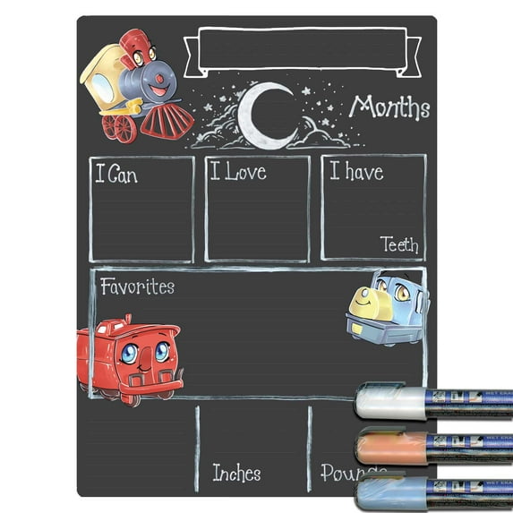 Cohas Train Theme Baby Milestone Chalkboard, 9 by 12 inches, 3 Pastel Markers