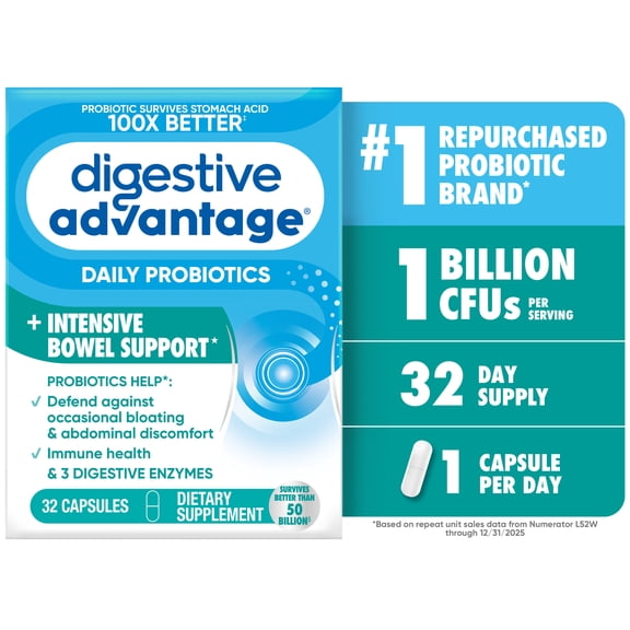 Digestive Advantage Intensive Bowel Support Probiotics For Women And Men, Digestive Enzymes For Gut Health, 32 Capsules