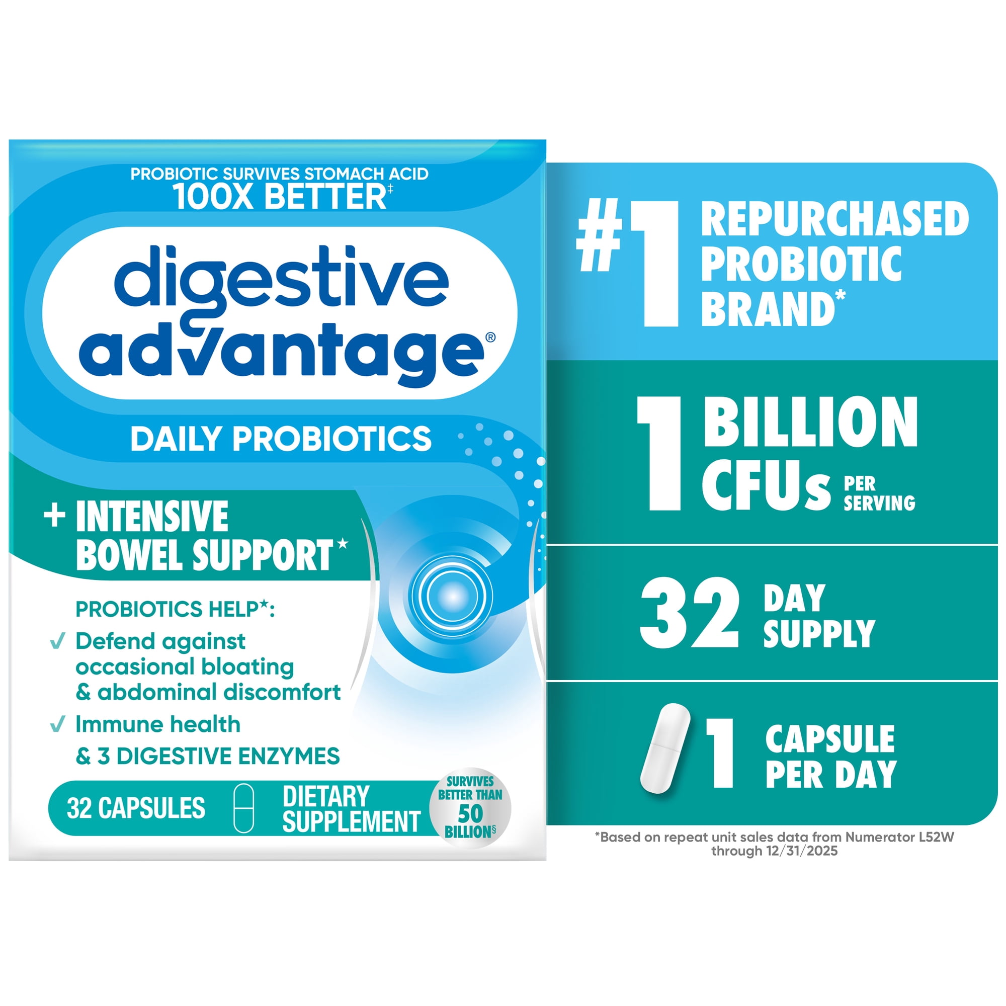 Digestive Advantage Intensive Bowel Support Probiotics For Women And Men, Digestive Enzymes For Gut Health, 32 Capsules