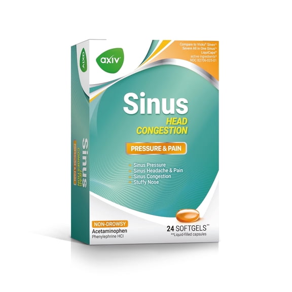 AXIV Sinus Head Congestion Relief, Non-Drowsy, Maximum Strength for Sinus Pressure, Headache, Pain & Stuffy Nose, 24 Softgels