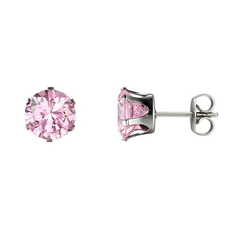 Stud Pouch - 6mm Pink CZ Earrings Solitaire Studs Stainless Steel Push Back Mens Ladies On Sale