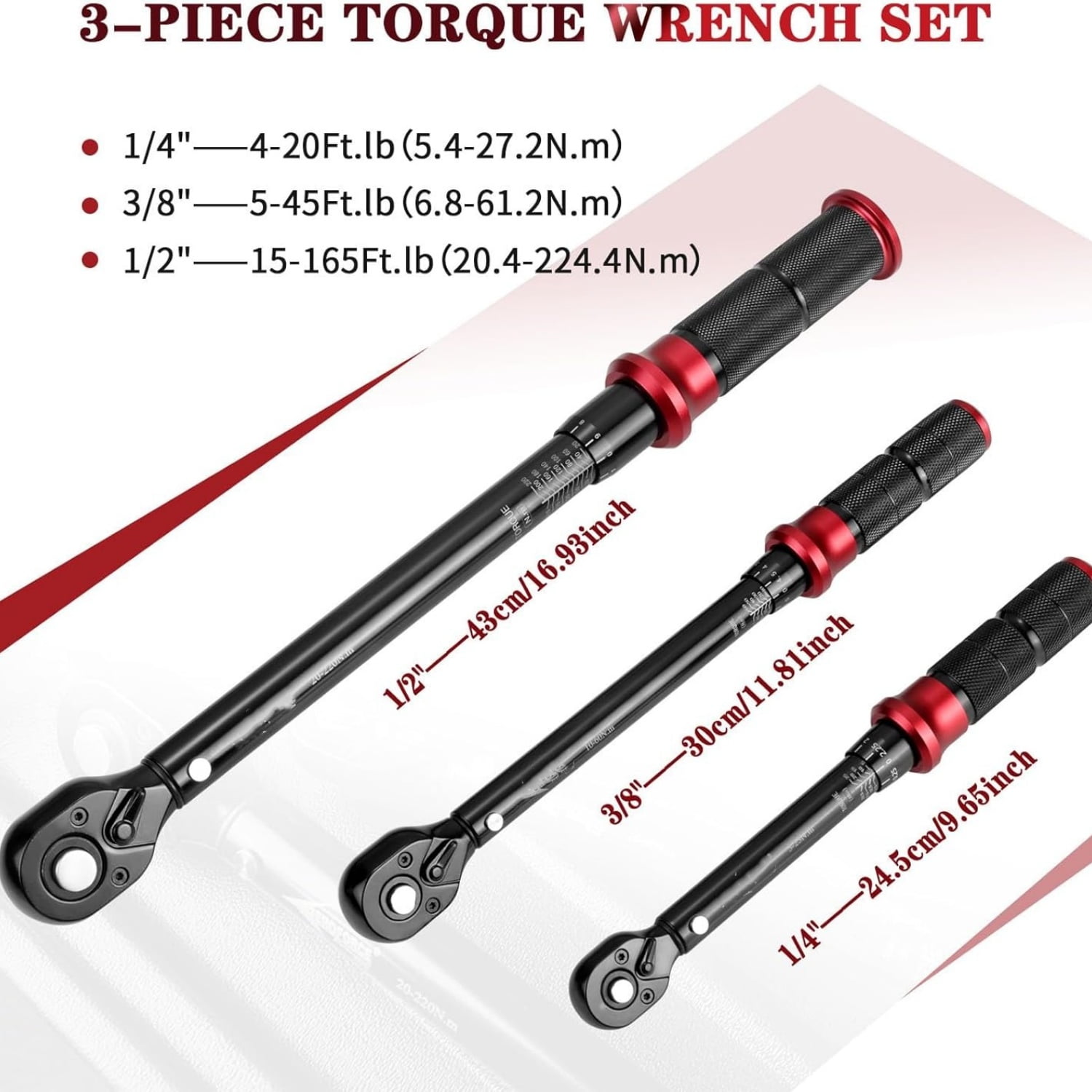 1/4 & 3/8 & 1/2-inch Drive Click Torque Wrench, 3Pcs Torque Wrench Set 4-20Ft.lb, 5-45Ft.lb, 15-165Ft.lb 72-Tooth Dual Scale for Bike, Moto, Car Repair