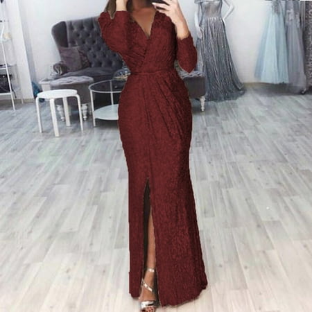 

Women Deep V Neck Sequin Dress with Slit Long Sleeve Club Party Evening Dress For Women Lady