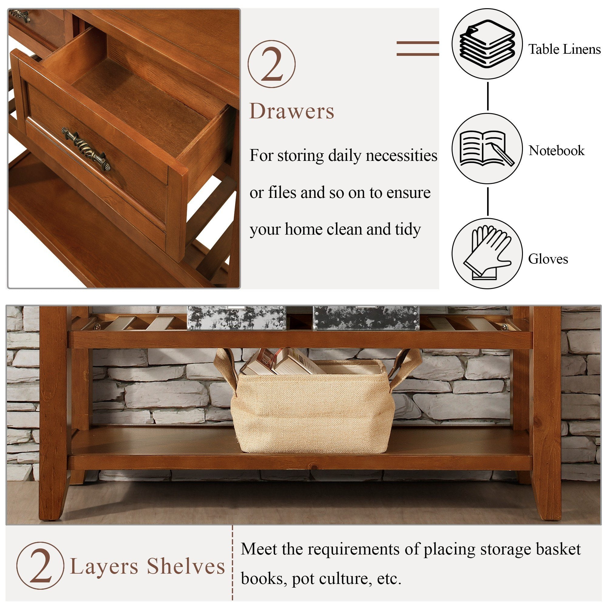 42 Inch Solid Wood Mid-Century Console Table with 2 Drawers & Shelves – Entryway Sofa Table, Sideboard,Brown
