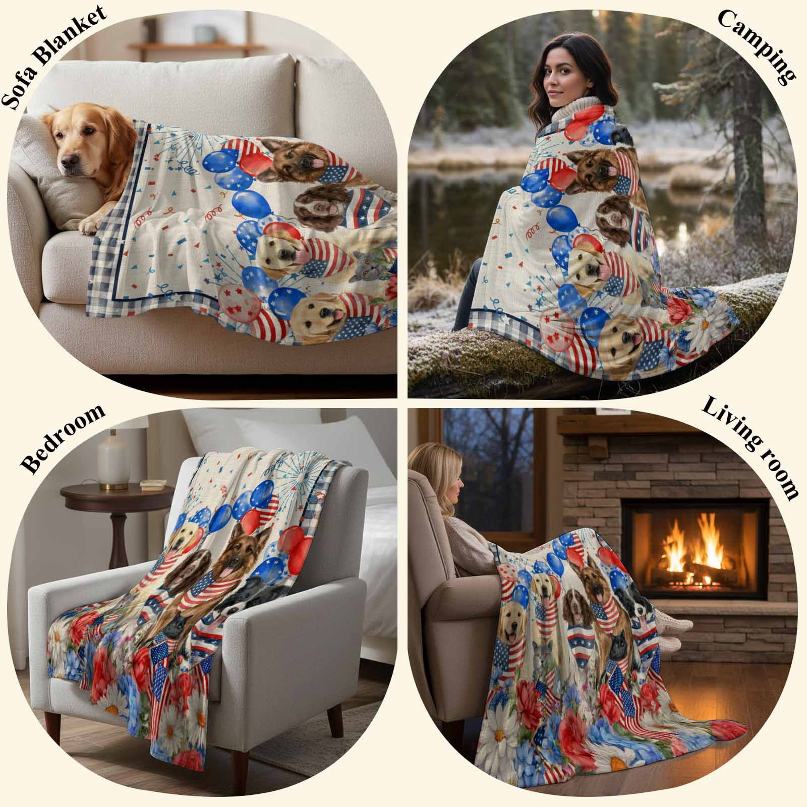 4th of July Dogs Blanket Soft Cozy Warm Throw Blanket for Couch, Plush Fuzzy Flannel Fleece Blankets for Sofa, Independence Day Floral Red Stars Beige Bed Blankets Lightweight Gifts for Men, 30"x40"