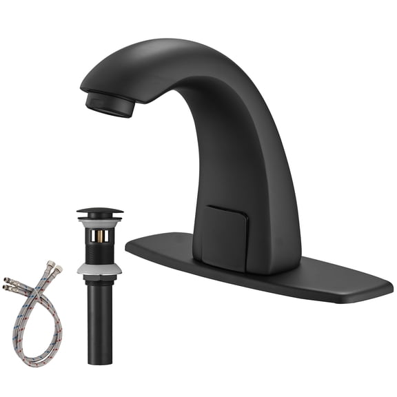 Open Box BWE Automatic Sensor Touchless Bathroom Sink Faucet with Hole Cover Plate, Matte Black Vanity Faucets, Hands Free Bathroom Water Tap with Control Box and Temperature Mixer