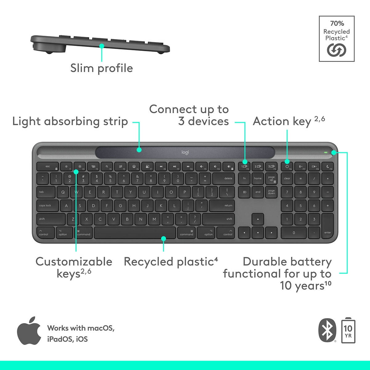 Logitech Signature Slim Solar+ K980 Wireless Keyboard for Mac, Graphite