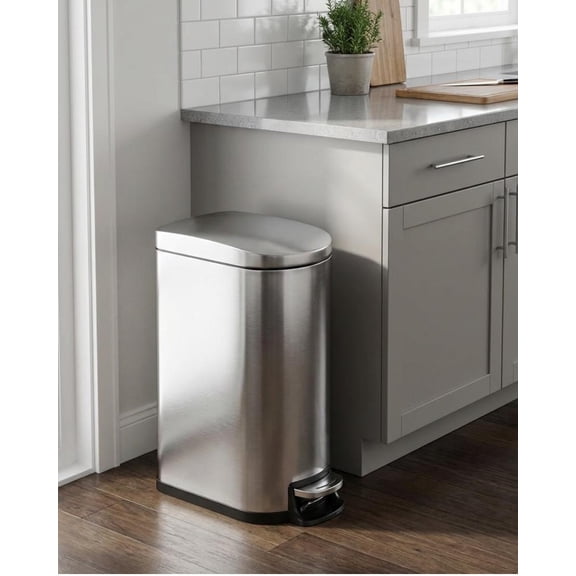 EuKer 2.6 Gal Slim Trash Can, Metal Garbage Can with Removable Inner Bucket and Soft Close Lid for Kitchen, Bathroom, Silver