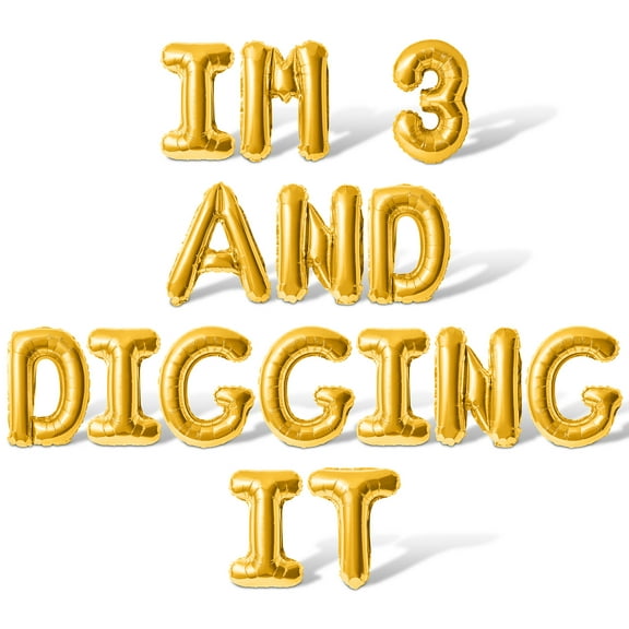 Letter Balloons - IM 3 AND DIGGING IT 16" Inch Alphabet Letters Foil Mylar Balloon 3rd Birthday Party Banner (Gold)