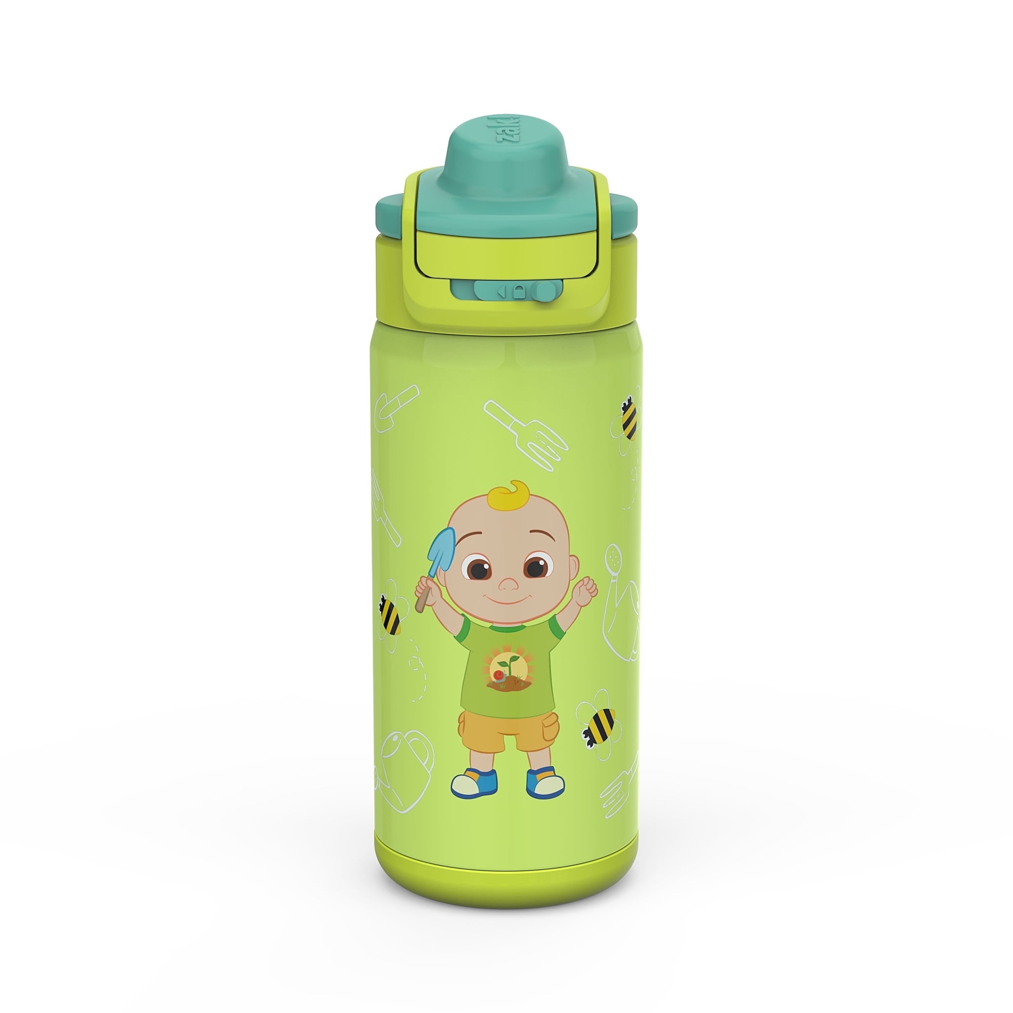 Zak Designs 14oz Kids Straw Water Bottle, Stainless Steel Double Wall Insulated Lincoln Bottle with Easy-Open Locking Spout Cover for Travel, Built in Carry Handle, CoComelon