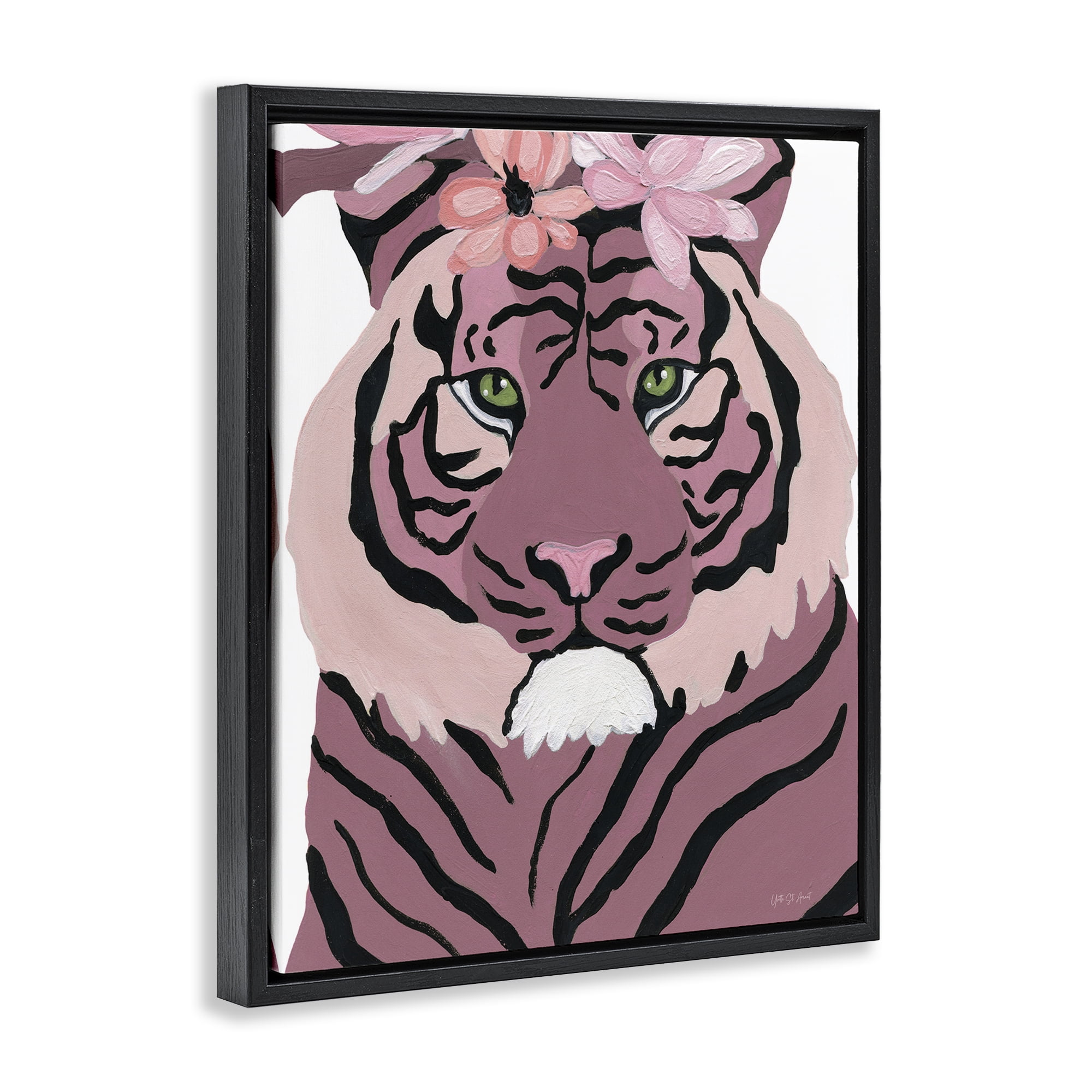 Stupell Industries Tiger with Pink Blooms Animals & Insects Painting Black Floater Framed Canvas Art Print Wall Art, 17 x 21