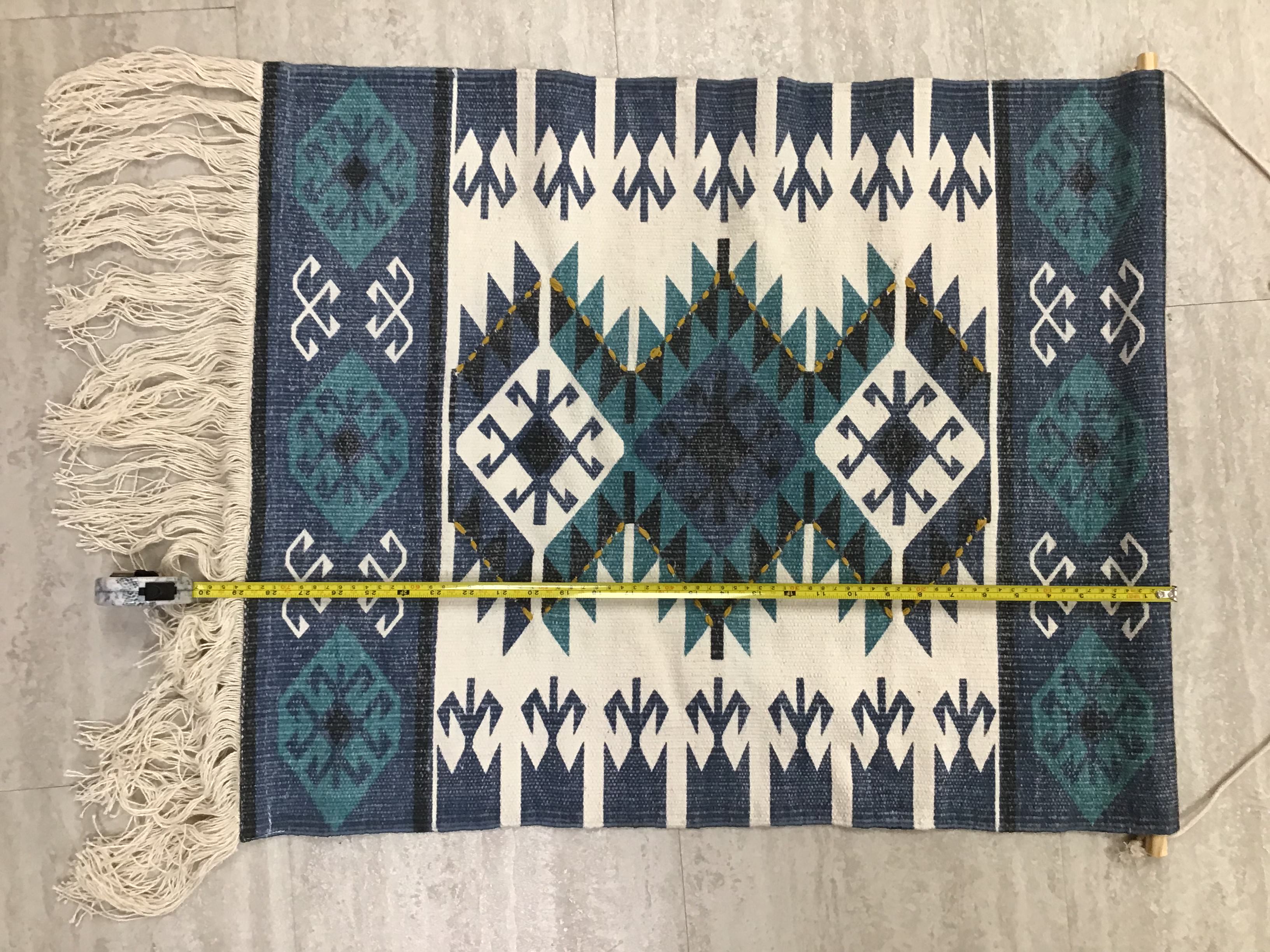 LR Home Xavi Blue/White Boho Aztec Fringe Wall Hanging, 4' Length
