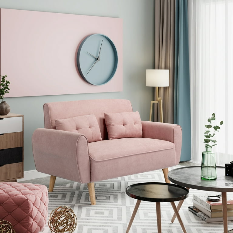 Shintenchi 47 Modern Linen Loveseat Sofa with 2 Pillows Pink Compact Stylish Comfortable for Apartments Studios Small Spaces