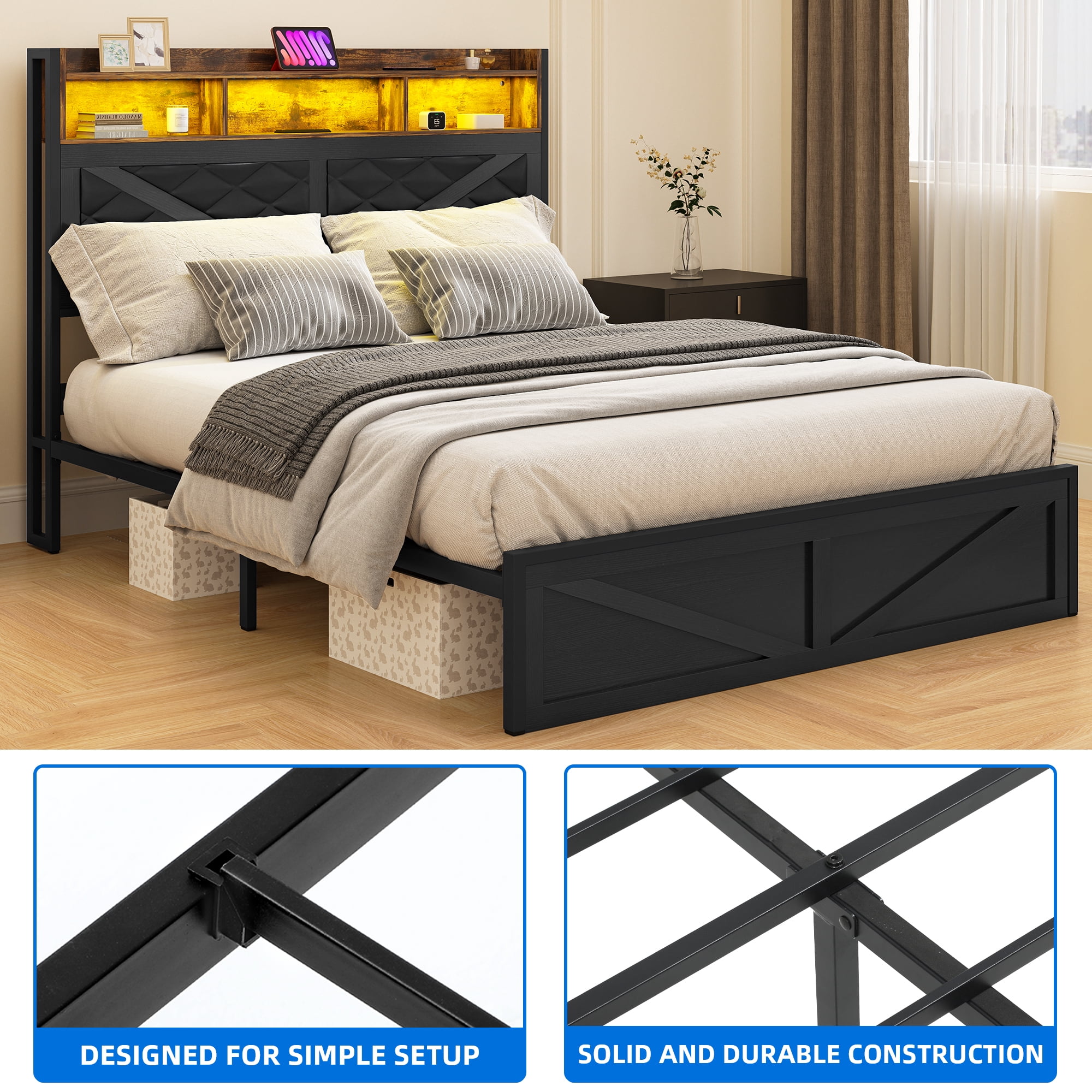 Dextrus Queen Size Distressed Wood Bed Frame with LED Headboard, USB Ports & Dual Storage, Black