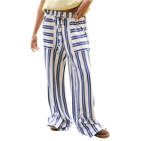 Women's Striped Wide Leg Pants with Pockets, Casual Elastic Drawstring Waist Palazzo Trousers, Summer Loose Fit Boho Long Pants