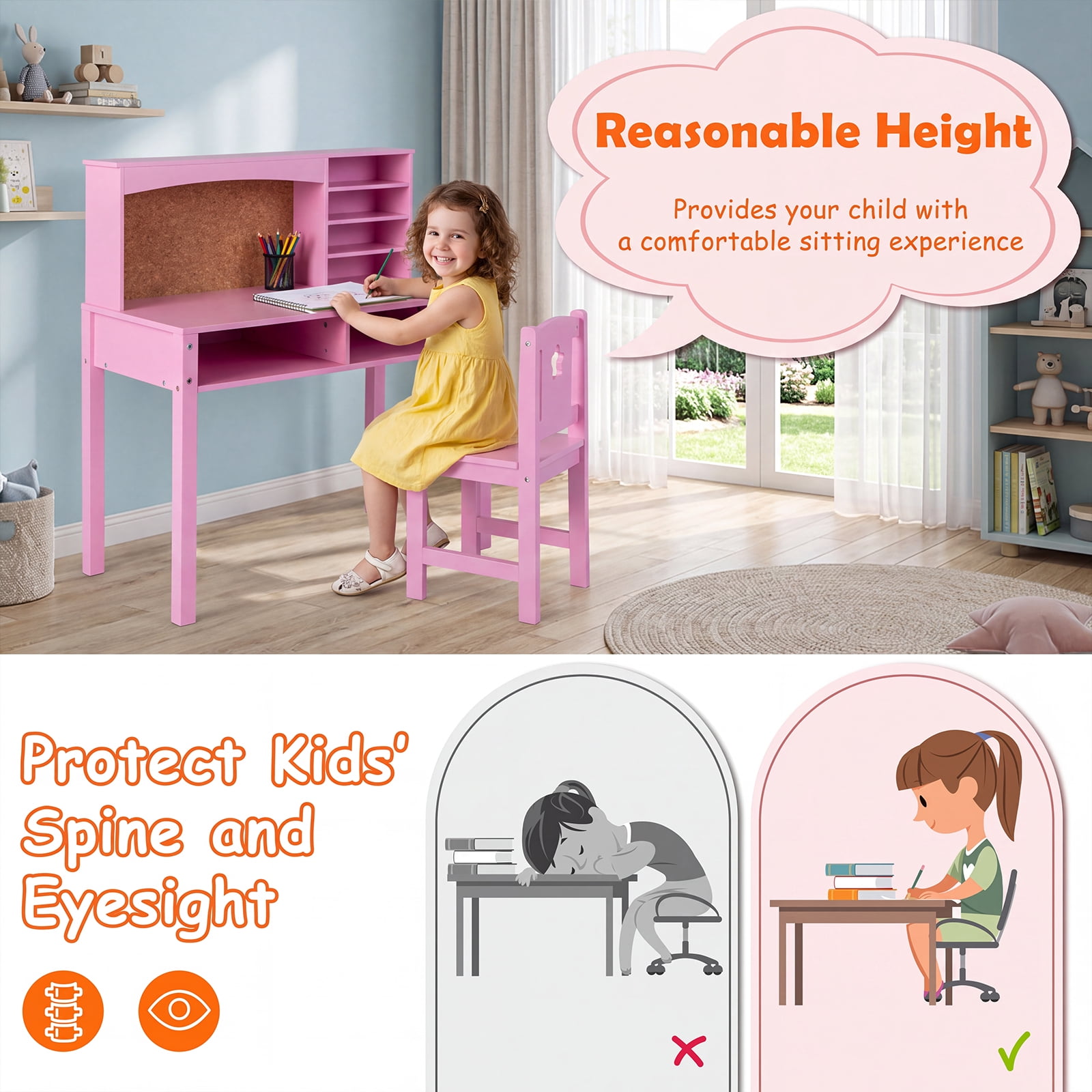 Furnibear Kids Desk and Chair Set with Hutch and Bulletin Board, Children Study Desk and Chair with Storage, Kids Writing Desk, Pink