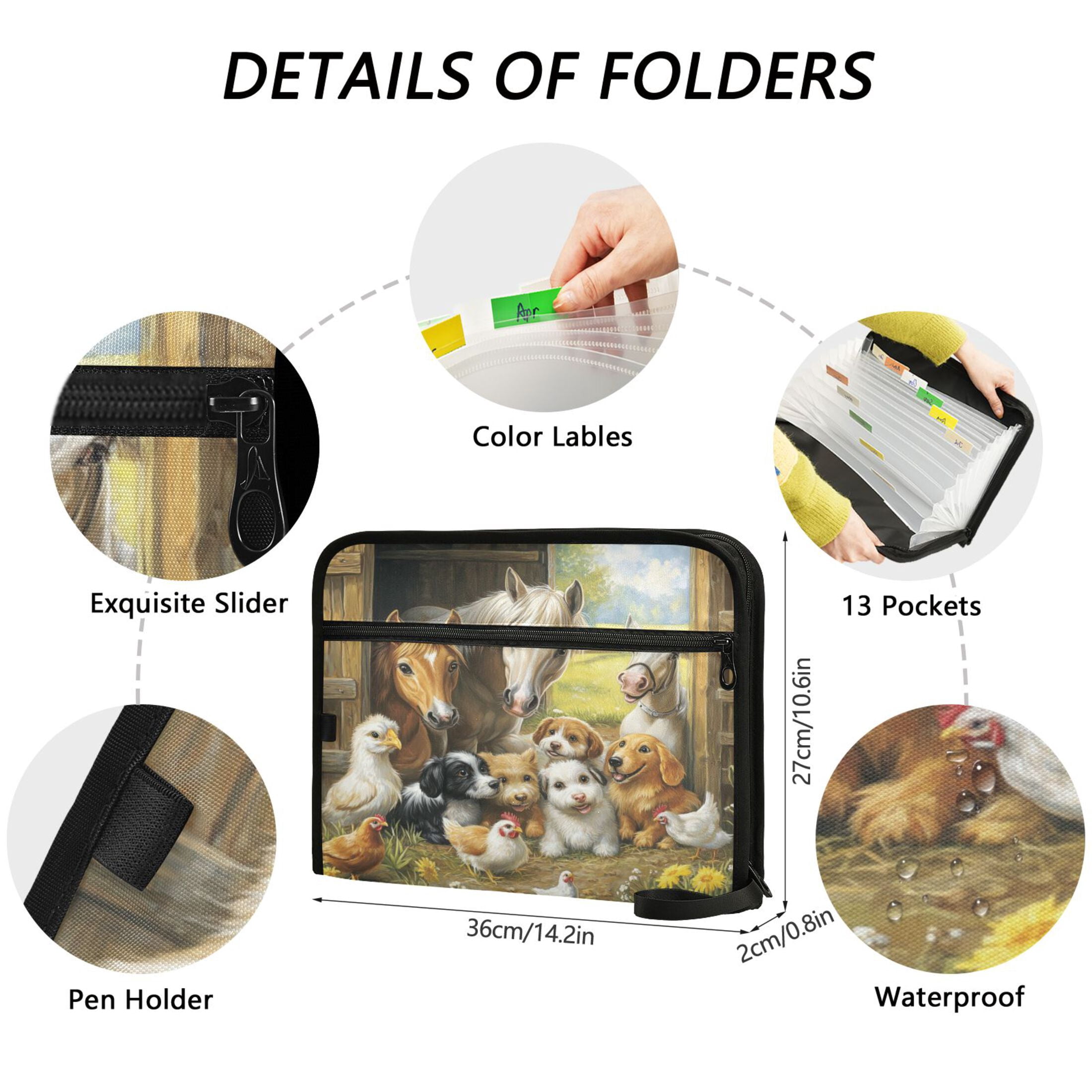 WOBOGO Farm Animals Expanding File Folder Letter Size Accordion Filing Organizer 13 Pocket Separate Organ Pocket