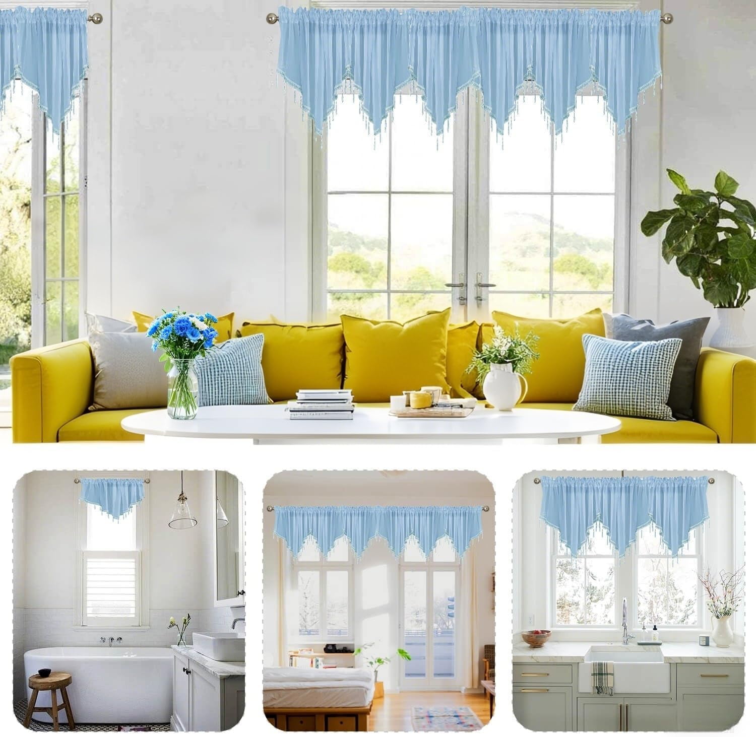 Kiibsot 3-Pack Halloween Beaded Sheer Valance Curtains for Windows, Triangle Sheer Voile Kitchen Swag Curtain Valances Boho Bead Tassels Window Valances for Bedroom Living Room, Each 51 x 24 Inch