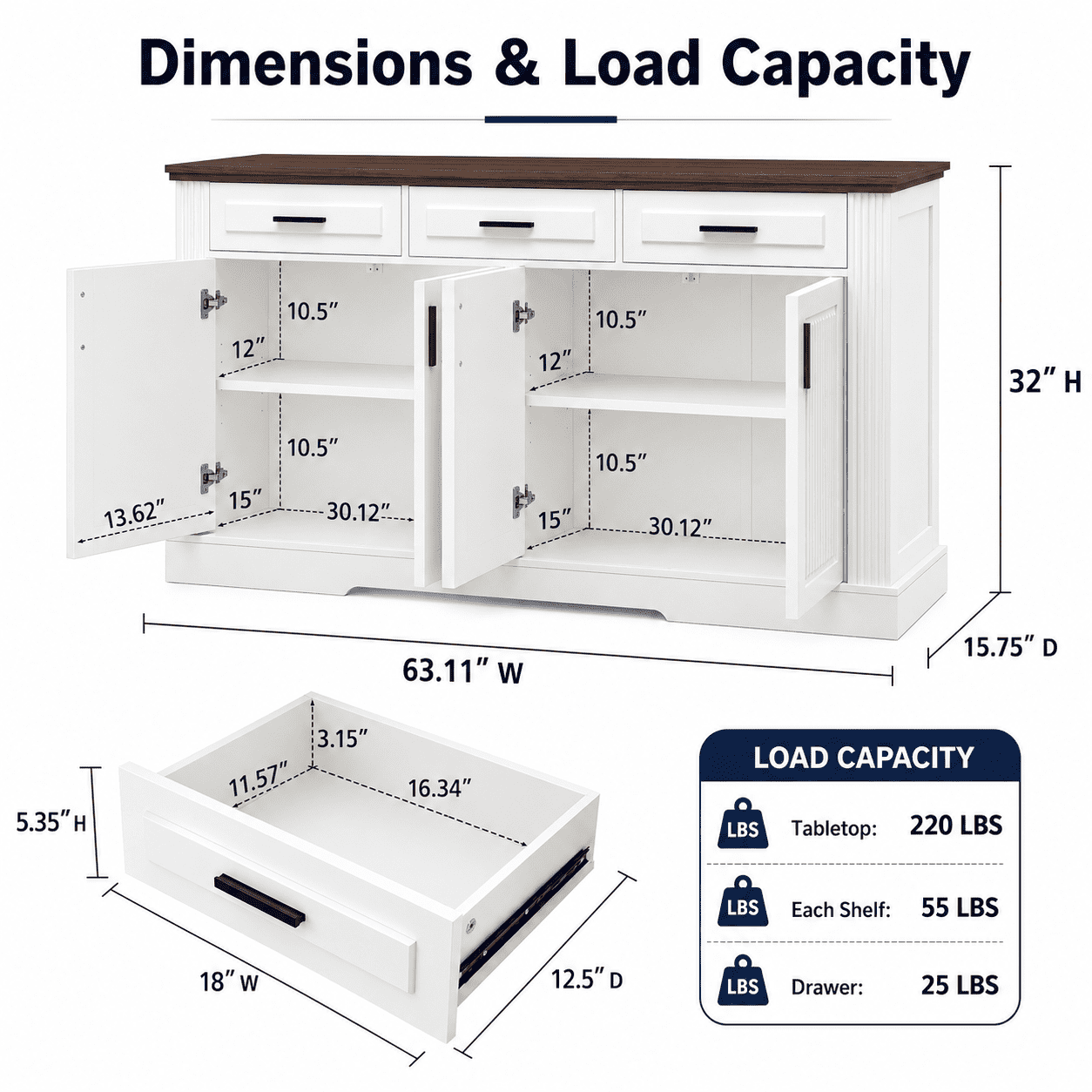 Aukfa 63" Fluted Sideboard Buffet Cabinet with 4 Doors, 3 Drawers, Adjustable Shelves, Kitchen Storage Cabinet,White