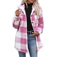 thumbnail image 4 of Hzzrkos Women Casual Loose Plaid Button Down Lapel Collar Long Sleeve Fleece Lined Shacket Jacket Warm Winter Outerwear Coat Fashion Button Front Shirt Jacket Hot Pink S, 4 of 9