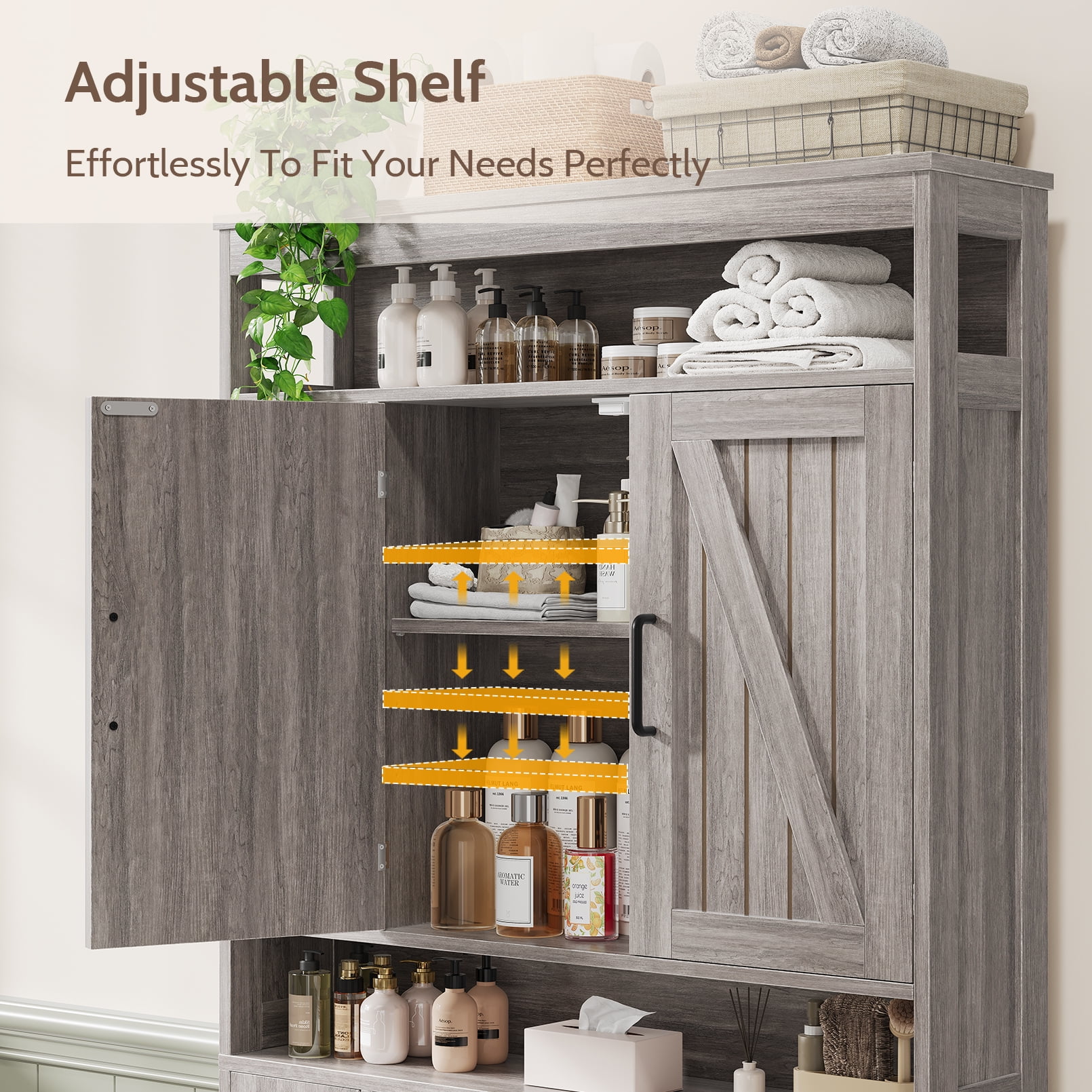 Vividwood Farmhouse Over-the-Toilet Cabinet with Soft Close Doors, Gray Wood