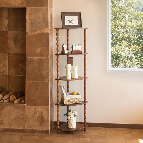 MaxSmeo 5-Tier Corner Shelf for Small Spaces, Rustic Brown Wood Bookshelf with Spindle Legs for Living Room Bedroom Bathroom Storage Display