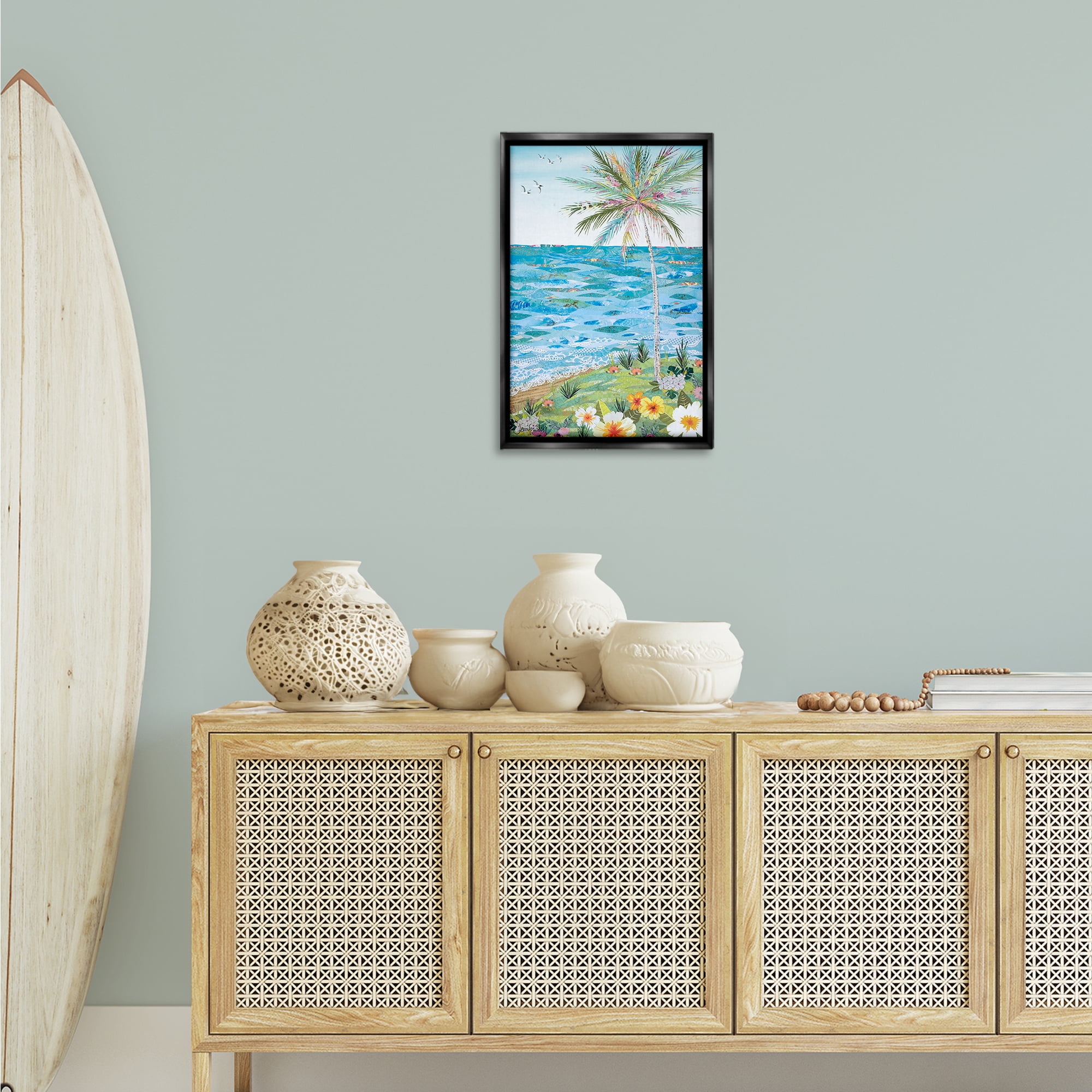Stupell Industries Collaged Tropical Landscape Landscape Painting Black Floater Framed Canvas Art Print Wall Art, 17 x 25