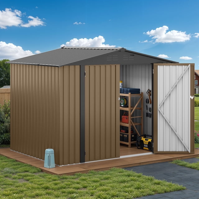 DEXTRUS 7x5 Pi Extérieur en Métal Shed avec Évent et Porte Verrouillable, Rangement de Jardin et Mobilier de Patio Résistants aux Intempéries, Brun