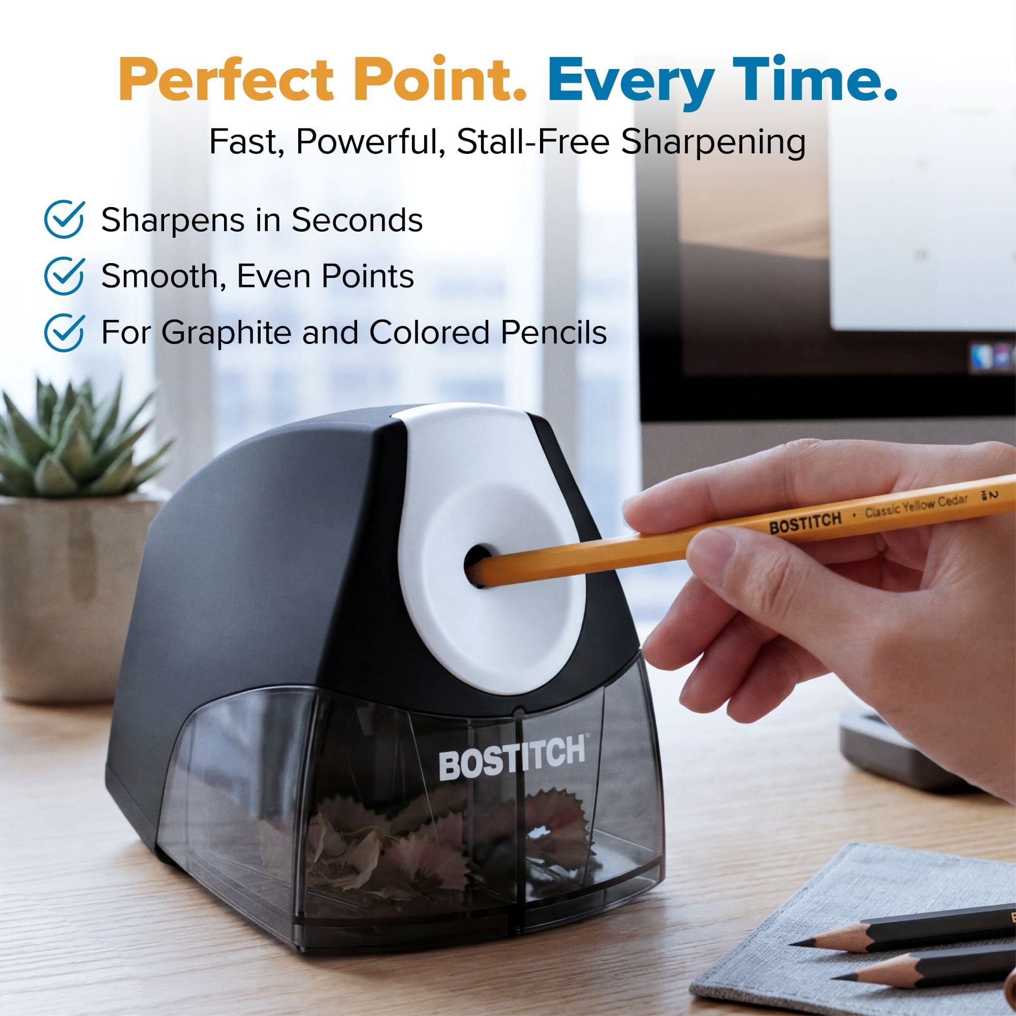 Bostitch Personal Electric Pencil Sharpener, HHC Cutter Tech, Stall-Free Motor, High-Capacity Tray