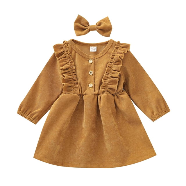 Vestido Para Niñas, Ropa Para Bebés, Niñas Pequeñas, Vestido Con Volantes Sólidos, Vestido De Princesa, Diadema, Conjuntos Amarillos Odeerbi LM103-1024
