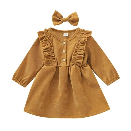 

QIPOPIQ Girls Clothes Clearance Toddler Baby Kids Girls Solid Ruffle Botton Dress Princess Dress +Hairband Sets