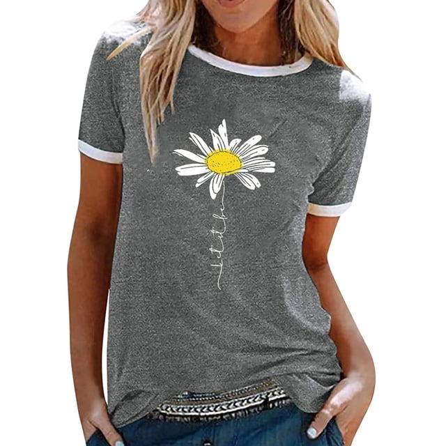 Innerwin Tee Design Lettres Hauts pour Femmes Été Manches Courtes T-Shirt Décontracté Gris L