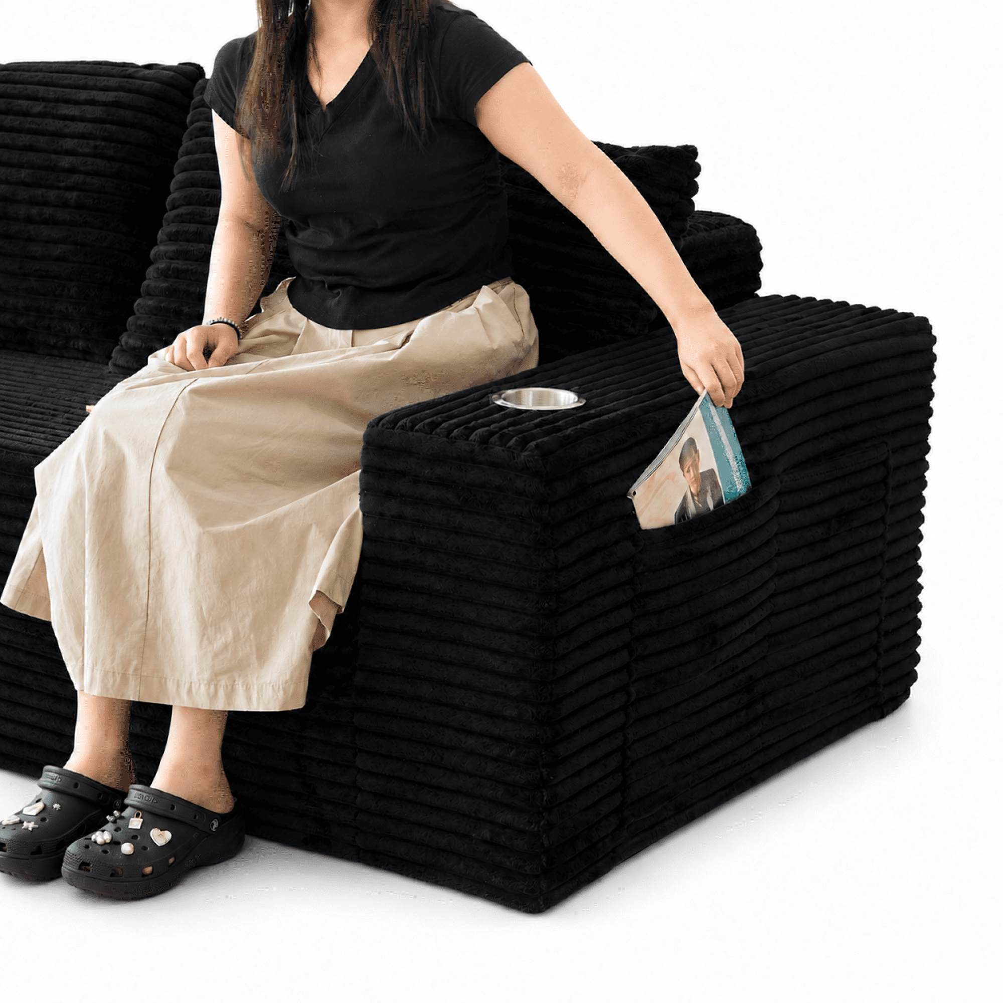 Leumius 2-in-1 Convertible Sofa Bed,Boneless Corduroy Modular Sleeper Couch with Cup Holders & Side Storage Pockets,Oversized Deep Seat Sofa for Living Room, Apartment, Guest Room,Black