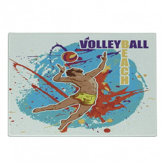 Beach Cutting Board, Vector Illustration of a Man Serving an Overhead Ball in Beach Volley Print, Decorative Tempered Glass Cutting and Serving Board, Small Size, Sky Blue Red, by Ambesonne