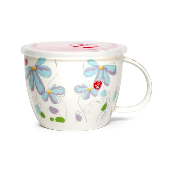 High Quality Microwavable Ceramic Noodle Bowl with Handle and Seal Fine Porcelain Floral Design (BlueDaisy)