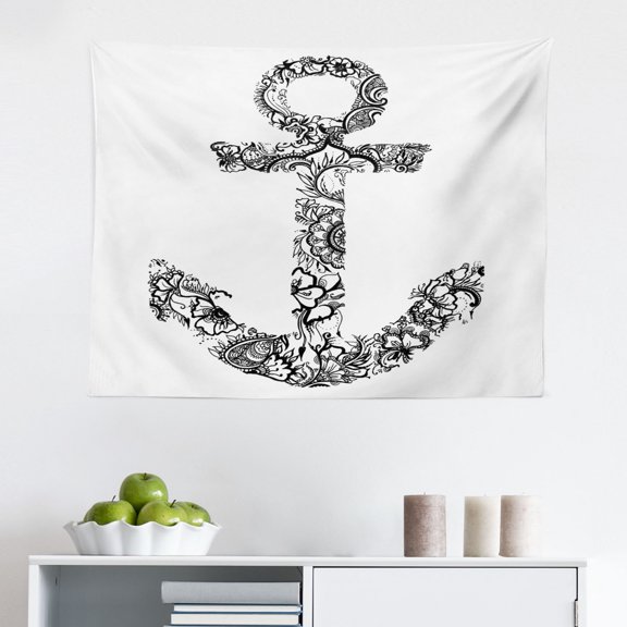 Anchor Tapestry, Anchors and Hearts Romantic Beach Holiday Party Gathering Leisure Tour, Fabric Wall Hanging Decor for Bedroom Living Room Dorm, 2 Sizes, Vermilion Grey, by Ambesonne