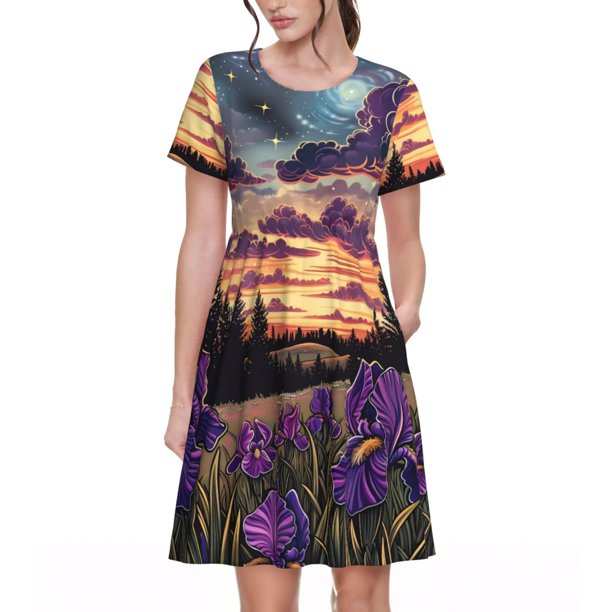 Balery Starry Night Purple Irises Vestidos sueltos de manga corta para mujer, vestidos de verano 2025, vestidos casuales de corte A con vuelo.
