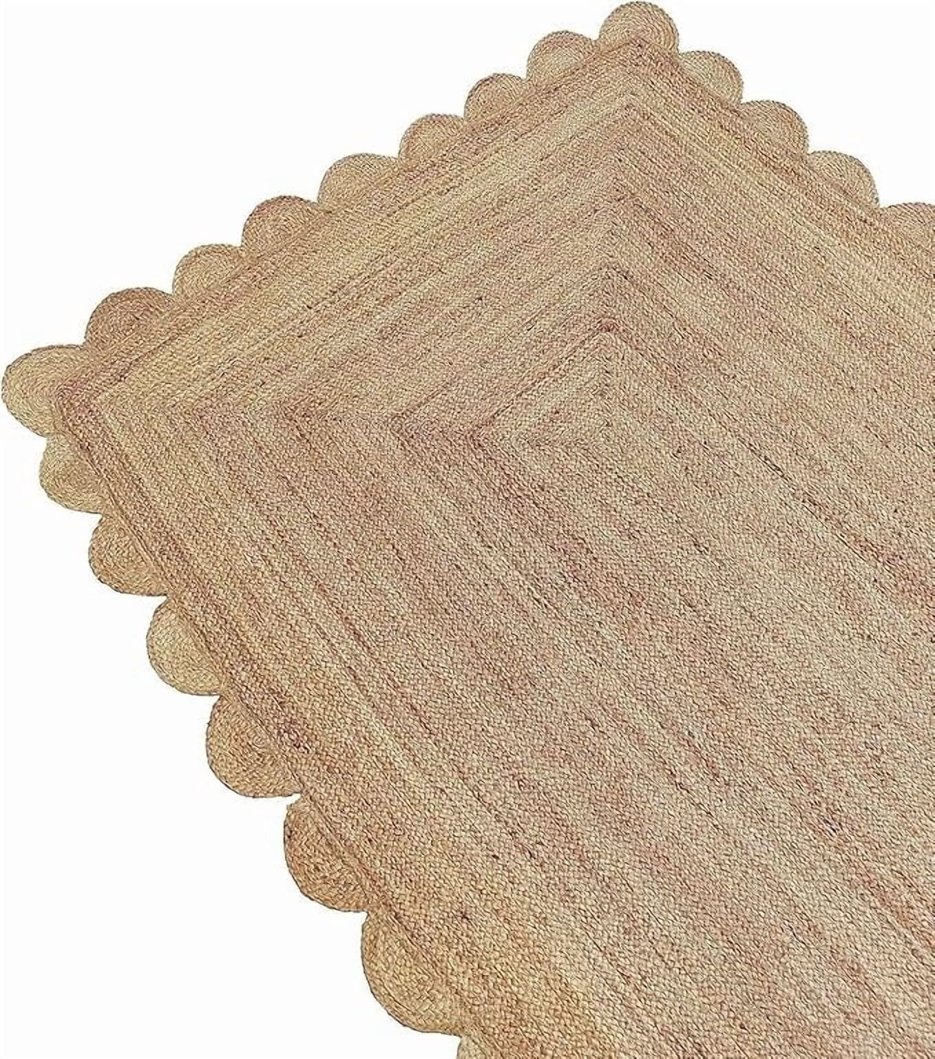 Natural Scalloped Jute Rug, Reversible Braided Indoor Outdoor Floor Mat, 3x5 Feet