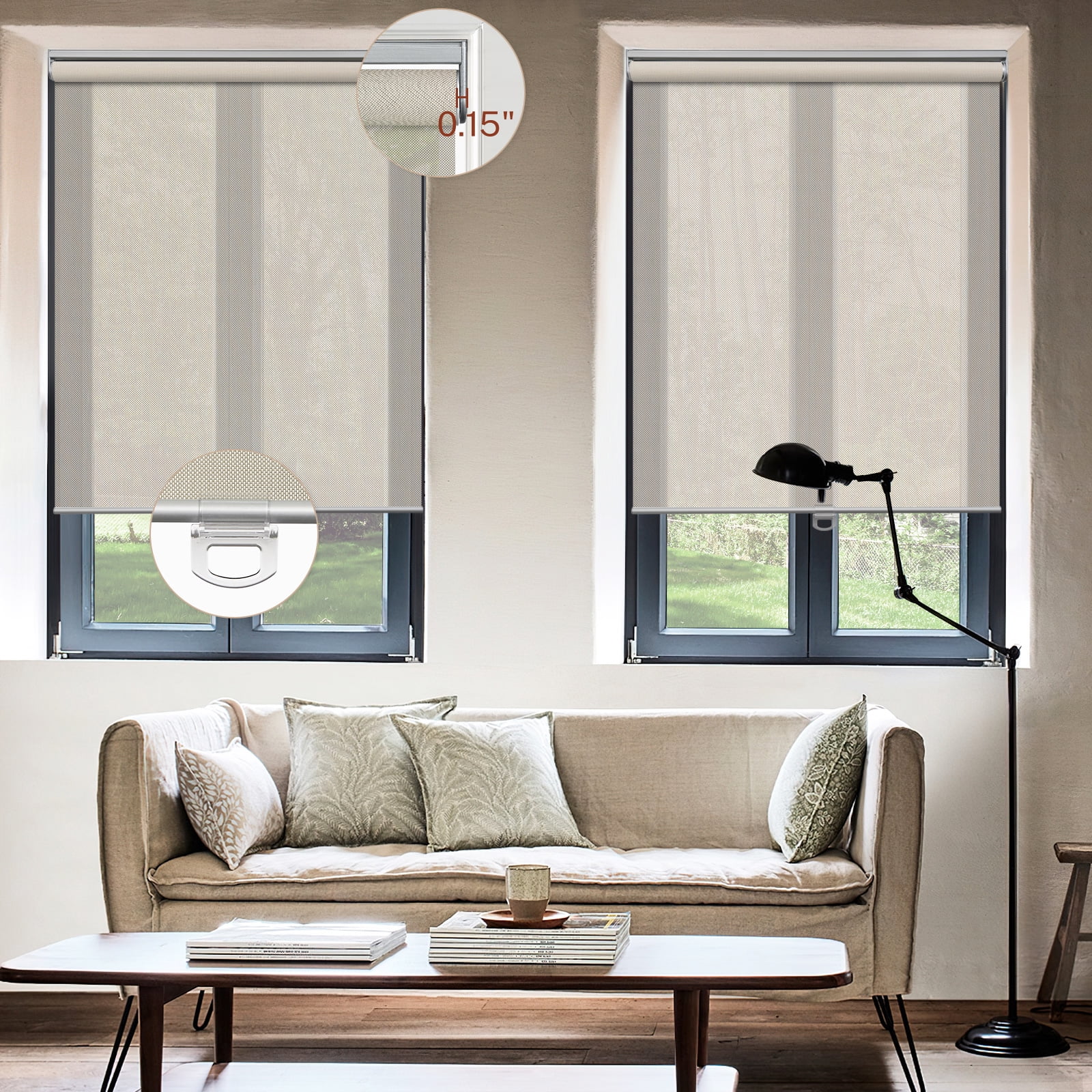 Keego Cordless Roller Shades Light Filtering Blinds for Windows Room Darkening Rolled Up Shades UV Protection Window Shades Door Blinds for Home and Office(Khaki, 46"W x 66"H)