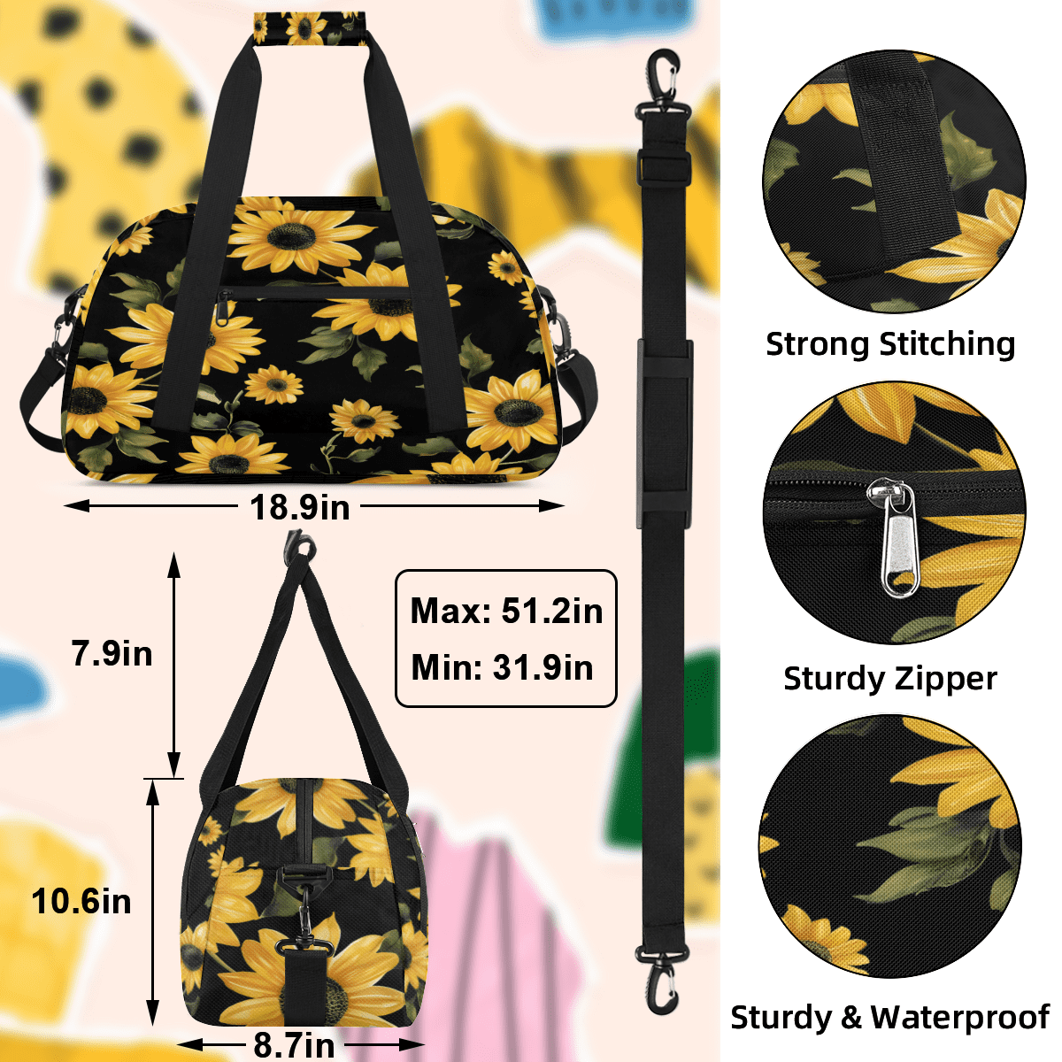Herdesigns Sports Duffle Bags Travel Duffle Bag Gym Bag Retro Sunflowers Floral Weekender Travel Bag Waterproof Overnight Bag Carry On Travel Tote Bag Dance Bags