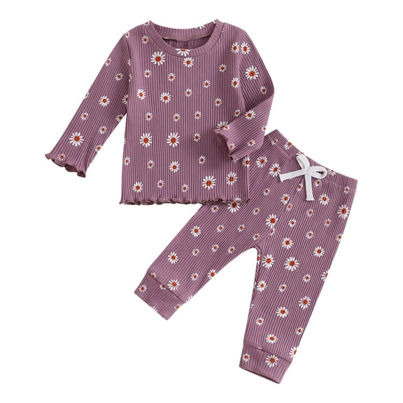 YDFCWXW Baby Girl Clothes Set Floral Print Long Sleeve Tops Pants Toddler Outfits (Purple, 18-24 Months)
